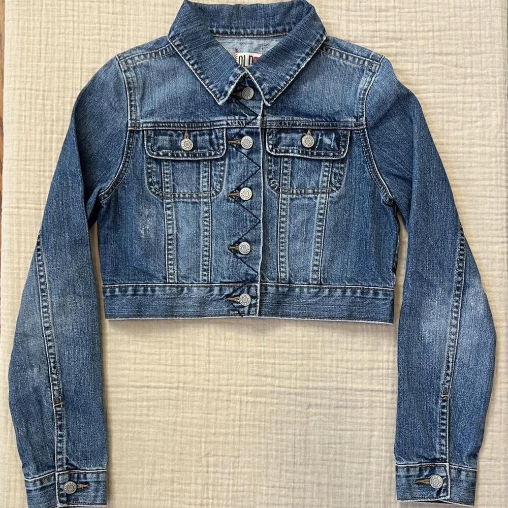 Old Navy cropped blue denim jean jacket with button-up closure, lightly distress